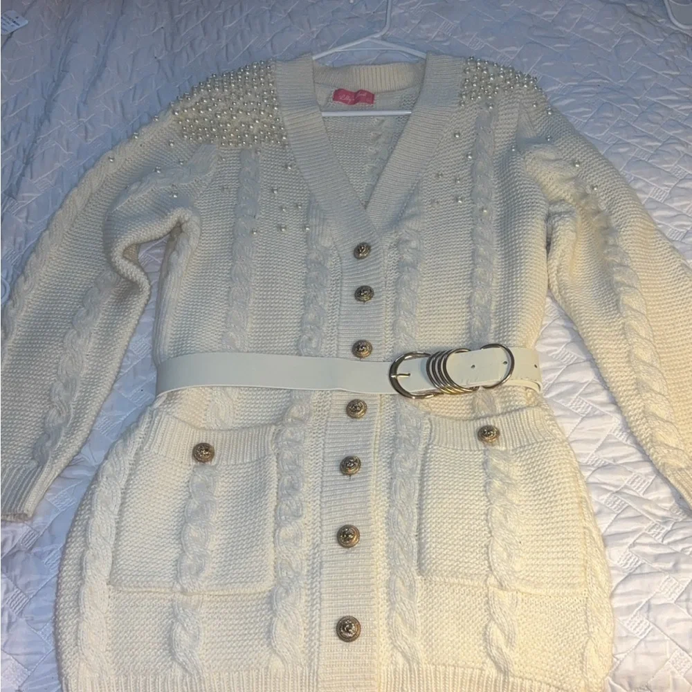 Elegant Cream Cardigan dress with Belt - Picture 1 of 3
